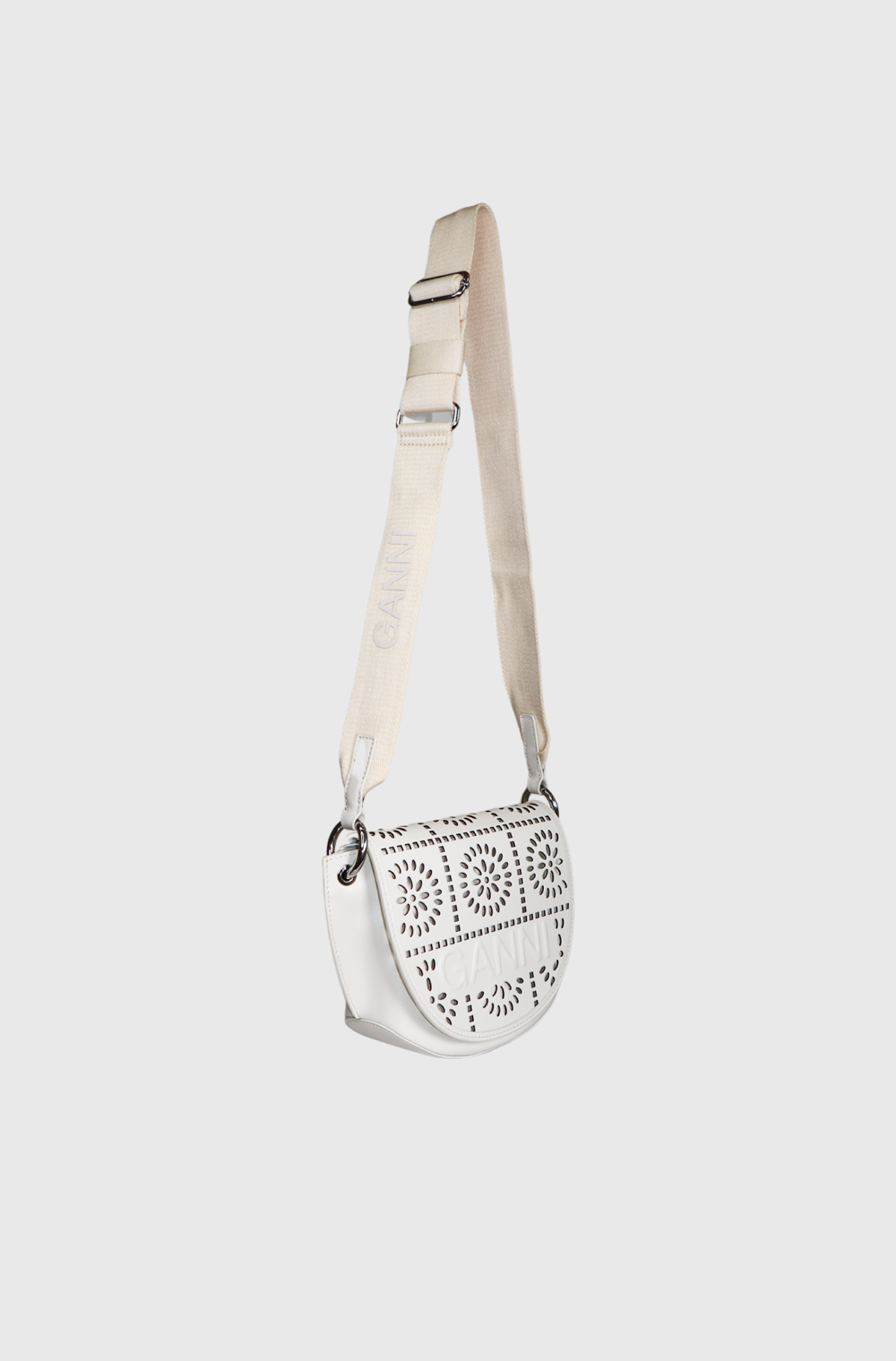 Ganni Banner perforated saddle bag white - st002