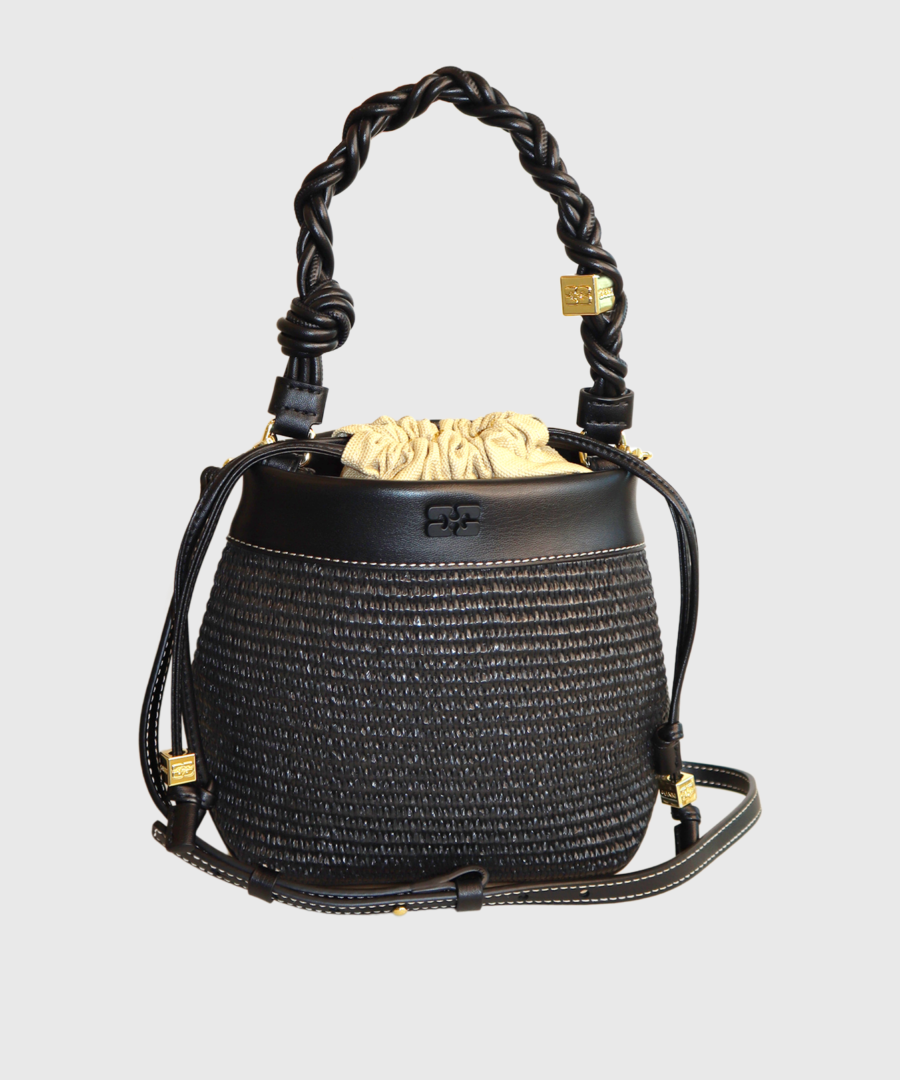 Ganni BOU BUCKET BAG RAFFIA Black - st003